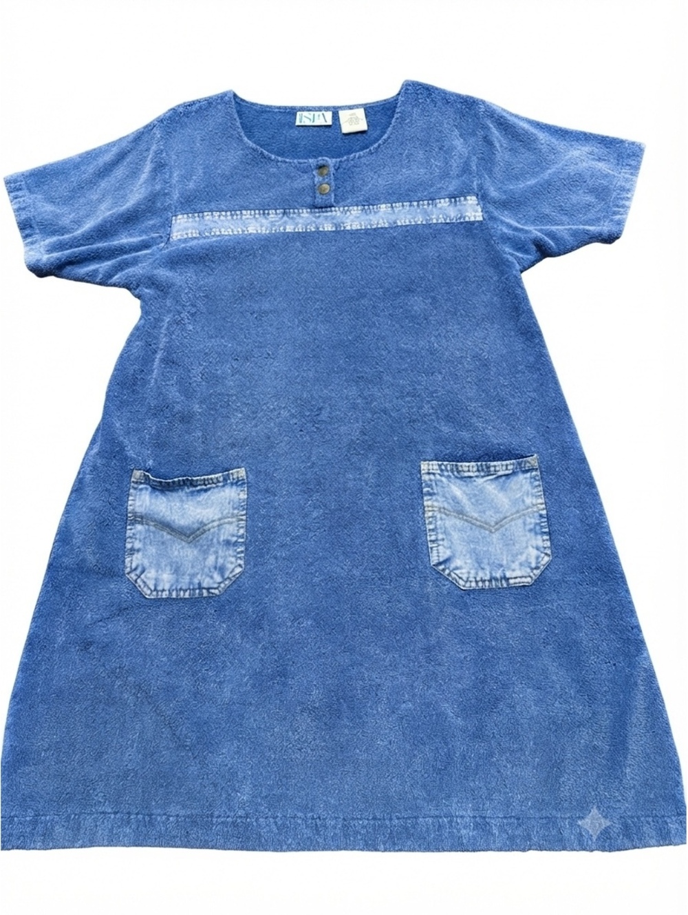 Vintage Blue Terry Cloth Beach Cover-Up Tunic Dress Size L Denim Trim Pockets
